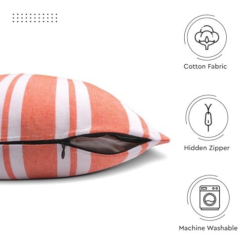 Image of Encasa XO Farmhouse Throw Pillow Covers Set of 2 (24x24 in) Franca Orange Stripes | Decorative Cushion Covers No Inserts | Plaid and Stripes Pillow Covers for Living Room, Couch
