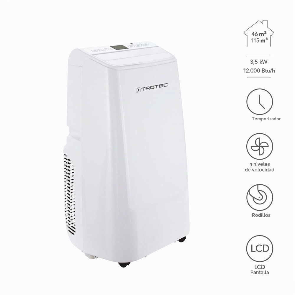 TROTEC Aire Acondicionado Portátil PAC 3500 E / 3 en 1: Refrigeración, Ventilación y Deshumidificación / Función Temporizador / Mando a Distancia / Pantalla LCD / Hasta 45 m² / Blanco