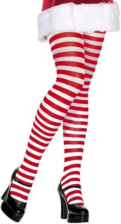 Womens Christmas Tights Red White Green Striped Elf Fancy Dress Stripy Leggings - Ladies Miss Santa Costume Tights Xmas Novelty Full Footed Tights For Christmas Cosplay Red White-P-1