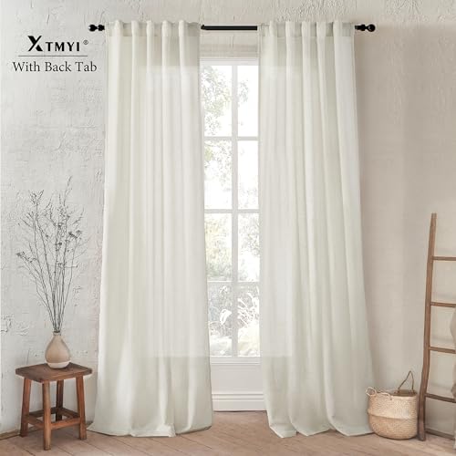 Image of XTMYI 86 Inch Linen Curtains, Semi Sheer Light Filtering Boho Back Tab Pleated Rod Pocket Drapes for Living Room Bedroom, 40 x 86 inches Long 2 Panels Set, Cream Ivory
