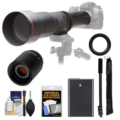 Vivitar 650-1300mm f/8-16 Telephoto Lens with 2X Teleconverter (=2600mm) + EN-EL14 Battery + Monopod