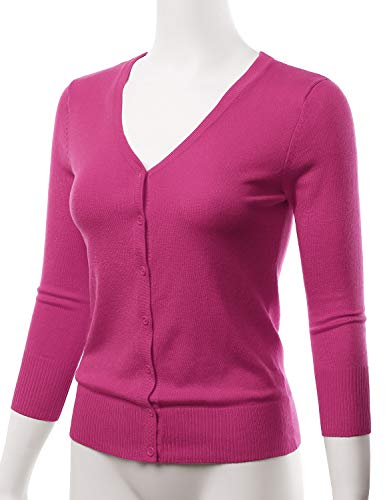 EIMIN Women's 3/4 Sleeve V-Neck Button Down Stretch Knit Cardigan Sweater Magenta S - Thumbnail 3