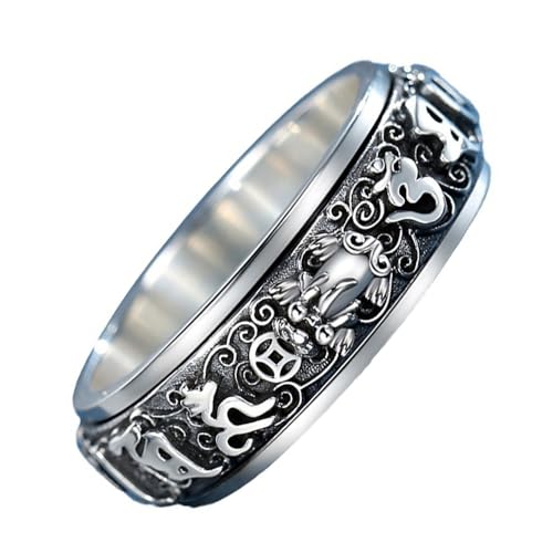 Tibetan Buddhist Six-Word Mantra Lucky Feng Shui Ring, Vintage 925 Sterling Silver Zen Meditation Attract Wealth Money Mantra Amulet, Neo Chinese Style Relieve stress Spinner Ring