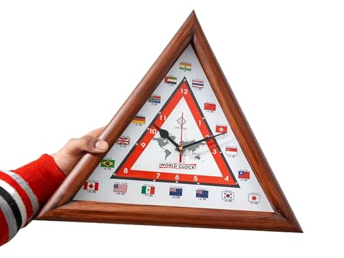 Image of LINE Wood - Antique Wooden Wall Clock - Triangular Shape Multi-Country World Clock with Time Zones Vintage Style for Home, Office, Bedroom, Hall, Living Room, Farmhouse Decor (16 INCH)