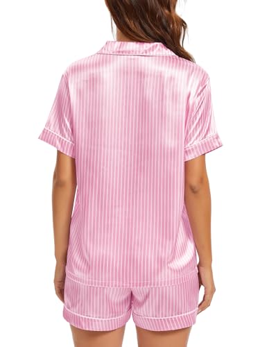 Image of SWOMOG Womens Silk Satin Pajamas Set Short Sleeve Sleepwear Button Down Top and Shorts Loungewear 2 Piece Pjs Set XS-3XL Striped Pink X-Large