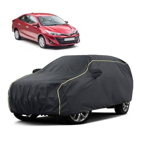 Image of Sulfar 100% Water Resistant Car Body Cover Compatible with Mirror for Toyota Yaris (Triple Stitched, Full Bottom Elastic, Dark Grey Taffeta with Yellow Piping)