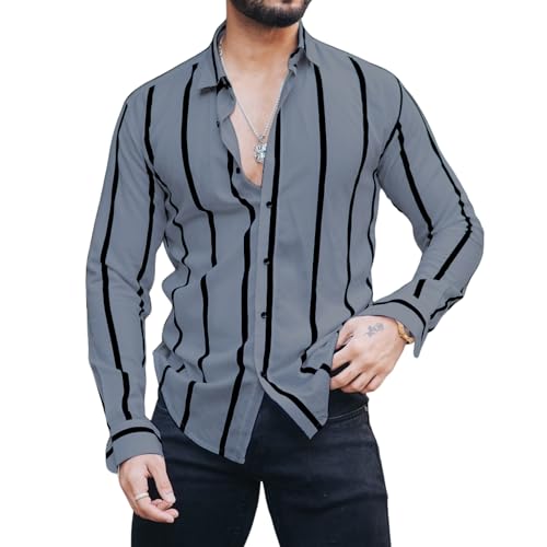 Image of MiraMichi Men's Striped Slim Fit Lycra Shirt | Full Sleeve Stretchable Shirt | Trendy Black and White Vertical Stripes for Casual