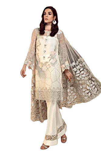 Miss Ethnik Women's Pakistani Suit Off-White Faux Georgette Semi Stitched Top With Unstitched Santoon Bottom and Net Dupatta Embroidered Straight Kurta Dress Material (Kurta Palazzo Set) (1038)