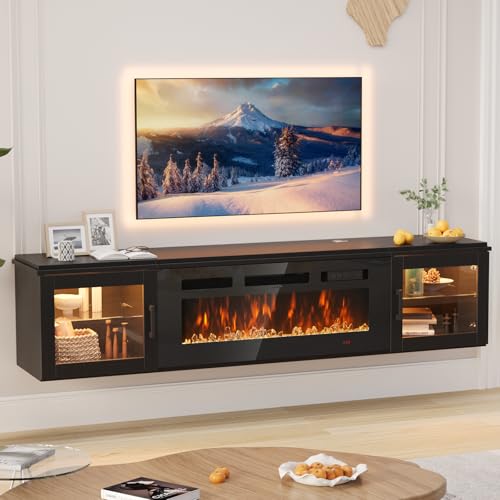 70" Floating TV Stand with 36" Electric Fireplace, High Gloss Fin...