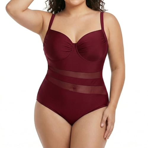 Maiô Inteiro com Tule Plus Size 46-52 Modelador Cintura Marcada Sustentação Feminino Multicor (BR, Numérico, 48, Plus Size, Vinho)