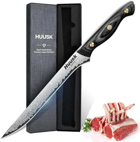 Huusk Damascus Boning Knife 8 inch, VG10 Brisket Trimming Knives for Meat Cutting, Flexible Fillet Knife, Butcher Knives, Kitchen Slicing Knives with Full Tang Handle, Christmas Gift for Men and Women