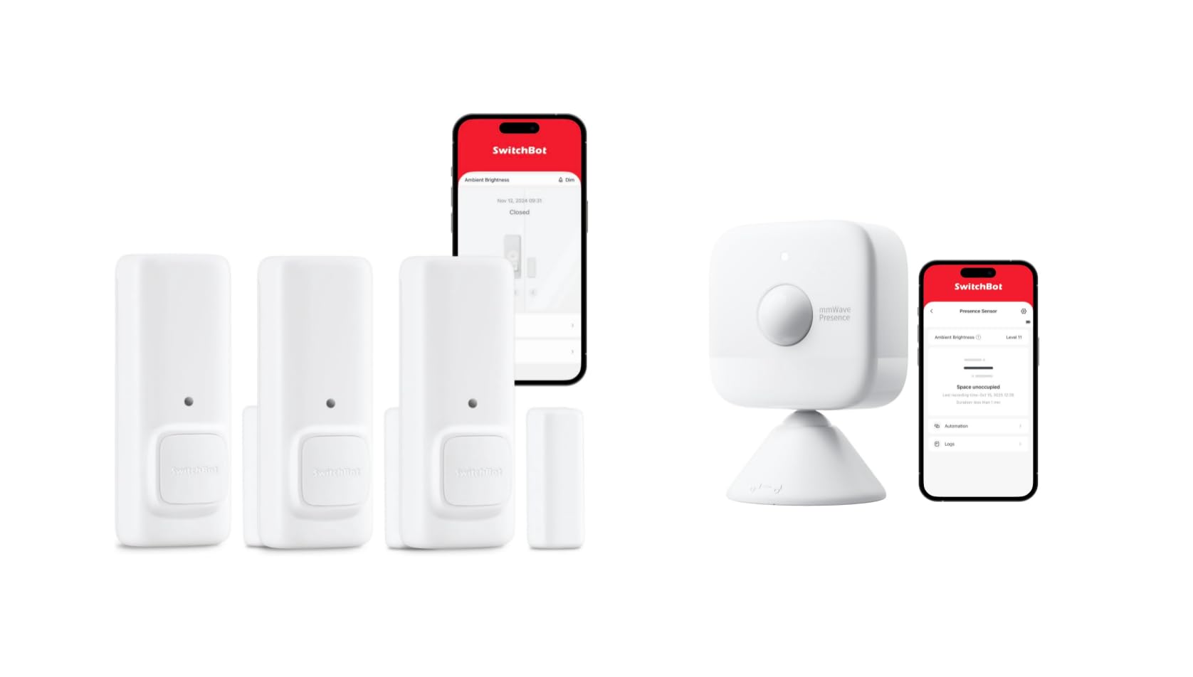 SwitchBot Sensore Contatto Porte/Finestre 3 Pezzi + Sensore di Presenza mmWave Set – Sistema di Sicurezza Completo: Rileva Apertura Porte & Presenza in Stanza, Allarme Automatico, Wireless, Alexa & Go