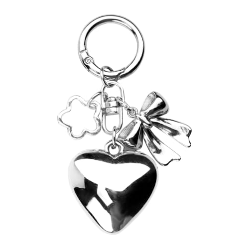 QYHON Portachiavi da donna in argento – ciondolo a forma di cuore con fiocco e fiore, portachiavi estetico per donne, borsa per zaino, borsa e cellulare, argento, Norm