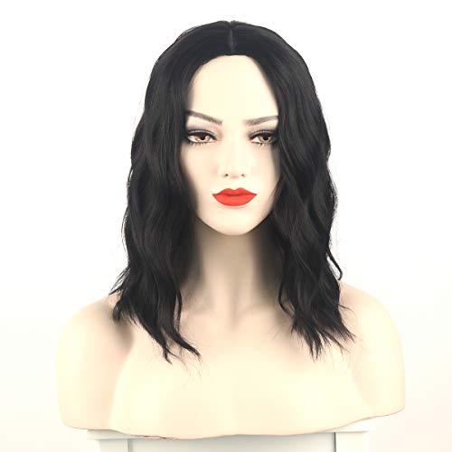 Black Bob Cosplay Wig Medium Length Synthetic Hair Full Wig Middle Part Curly Body Wave Costume Party Women Daily Use Wig (Black 14")