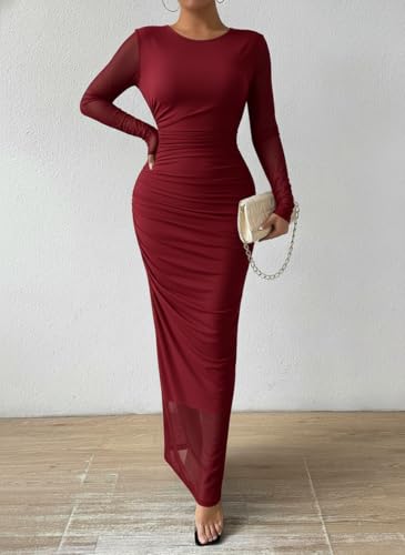 Image of LIGHT DOT Women's Printed Bodycon Maxi Dress Long Sleeve Tie Dye Mesh Ruched Cocktail Dress