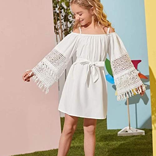 SHIBAOZI Vestido de verão com franja vazada meia manga e alça de ombro ajustável, Branco, 11-12 anos