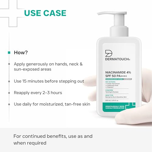 Image of DERMATOUCH Niacinamide 4% SPF 50 PA++++ Sunscreen Lotion 200ml - Body Lotion For Tanning & Dryness | Suitable For All Skin Types