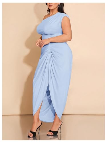 Image of Floerns Women's Plus Size Asymmetrical Neck Long Dress Ruched Slit Hem Cocktail Dress