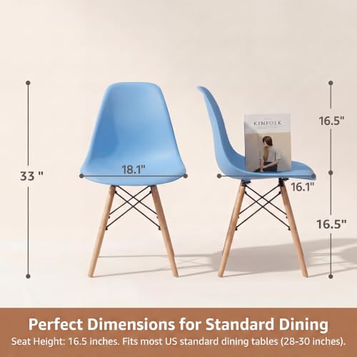 Image of Furmax Dining Chairs Set of 4, Mid Century Modern Plastic Dining Chair w /Curved Backrest & Wood Legs, DSW Shell Lounge Side Chair for Dining Room Living Room Apartment, Kitchen Chairs (Blue)