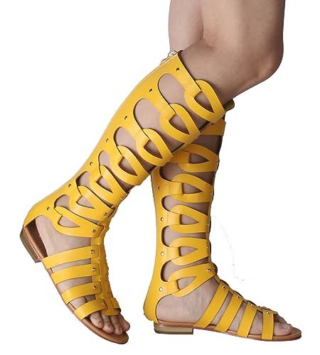 Image of Hanfike Knee High Sandals for Women Gladiator Cut Out Summer Roman Boots