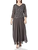 J Kara Women's Plus Size 3/4 Sleeve with Scallop Beaded Pop Over Gown, Slate/Mercury/Gun, 18W