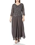 J Kara Women's Plus Size 3/4 Sleeve with Scallop Beaded Pop Over Gown, Slate/Mercury/Gun, 16W