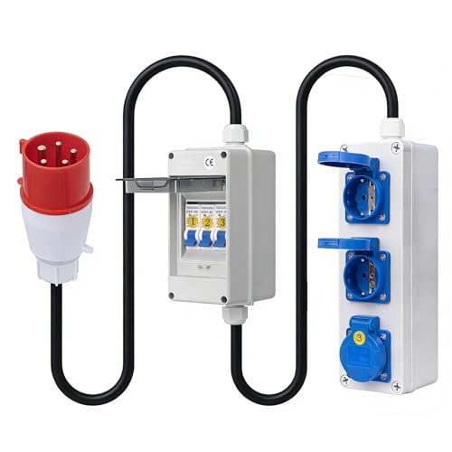 TRWUDRFA CEE Adapter 380V auf 220V - Starkstrom Adapter 5-pol 32A CEE Stecker - IP54 Verteiler mit 3X 16A Schuko - IP65 Sicherungskasten mit 3X 16A Leitungsschutzschalter - Starkstromkabel 1 Meter