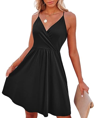 VOTEPRETTY Sommerkleid Damen Knielang Spaghettiträger Sommer Kleid Kurz Leicht V Ausschnitt Strandkleid Schwarz