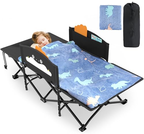 Slendor Kids Cot, Toddler Camping Bed w/Cartoon Handrail, Blanket (5ft x 4ft), Portable Kids Outdoor Travel Sleeper, Extra Long, Length 56