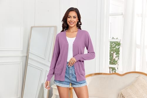 Image of Women's Lightweight Button Down Cardigan Sweaters Long Sleeve Classic V Neck Knit Soft Shrugs with Pocket