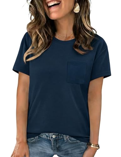 Crewhpo Camiseta Mujer Manga Corta Cuello Redondo Básica Top con Bolsillo Elegante Túnica Blusas Verano Camisetas Sólido Casual Ligera