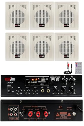 LV-2100 Anfi ve LV-210T Duvar Tipi Hoparlör Ses Sistemi Paketi, 6 Hoparlör, 2x100 W, Bluetooth, USB, Mikrofon Girişi