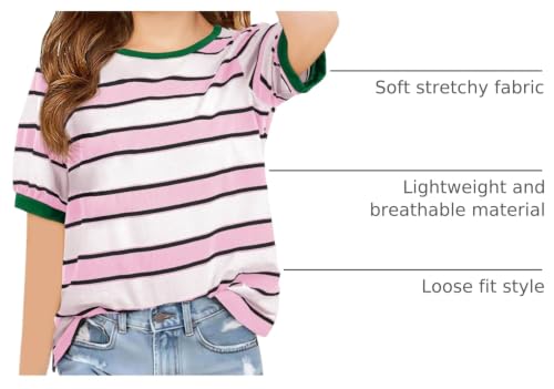 Image of Haloumoning Girls Striped Short Sleeve T Shirts Kids Summer Casual Tops Crewneck Tees Blouses 5-14Y