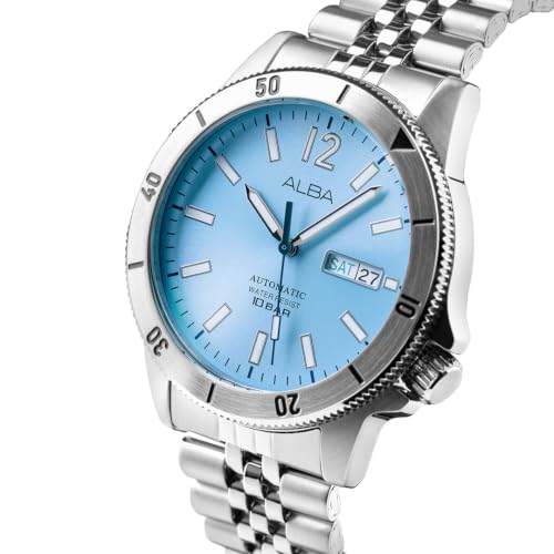 Image of ALBA AL4653X1 Automatic Analog Watch for Men | Olympic Ice Blue Dial | Japanese Y676 Automatic Movement | 44 mm Stainless Steel Bracelet | Two-Way Rotating Bezel | Day & Date Display | See-Through Case Back | Mineral Crystal | 10 BAR Water Resistant