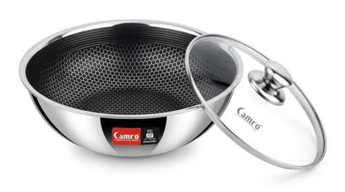 Image of Camro Stainless Steel Tasla 1.8 Litre 22 Cm | Triply Honeycomb Extra Deep Tasla with Lid | 3-Layer Body | Tri ply Kadai Cookwear Taslas for Cooking | Induction & Gas Stove