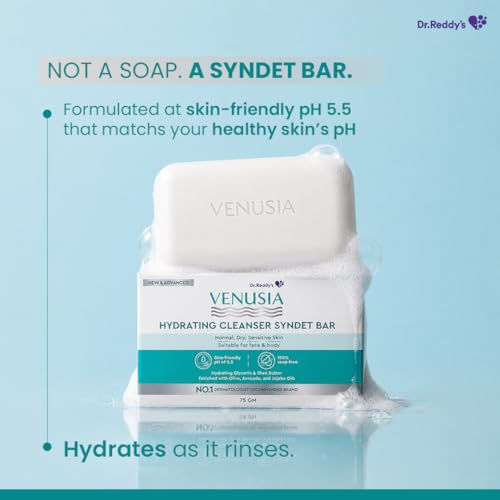 Image of Dr. Reddy's Venusia Hydrating Cleanser Syndet Bar | 100% soap-free, pH 5.5, Non-irritating, Hypoallergenic, PAMA-free | Enriched with Hydrating Glycerin, Shea Butter, Olive Oil, Avocado Oil & Jojoba Oil - 75g