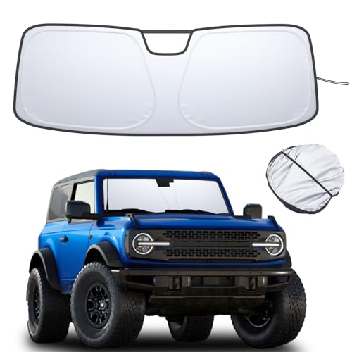 Image of TOPINSTALL Foldable Windshield Sunshade Compatible with Ford Bronco 2/4-Door 2021-2025, Front Window Sun Protector with Storage Pouch Thicker Reflective Polyeste (Not for Sport Model)