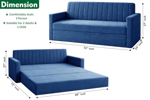 Image of Modern Three Seater Sofa Cum Bed with Armrest, Velvet Fabric Sofa for Living Room, Space Saving Foldable Sleeper Sofa, (Blue-Color)