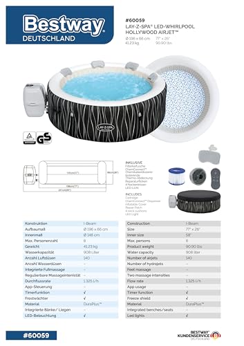 Bestway® Lay-Z-SPA® LED-Whirlpool Hollywood AirJet™ für 6 Personen Ø 196 x 66 cm, LED-Design