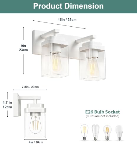 Image of White Bathroom Light Fixtures, 2 Lights Bathroom Lighting Fixtures Over Mirror, Square Design & Rectangle Large Backplate, Modern Vanity Lighting Fixtures, for Bathroom /Living Room /Bedroom