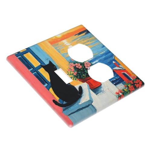 Decorative Outlet Covers Vintage Oil Painting Style Black Cat Sea Flowers 2 Gang Wall Plate Cover Single Toggle Duplex Combo Two Switch Light Switch Cover Plate Jumbo GFCI Faceplate