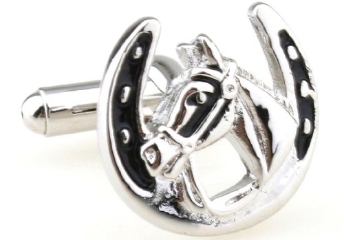 MRCUFF Horse and Horseshoe Race Racing Pair Cufflinks in a Presentation Gift Box & Polishing Cloth