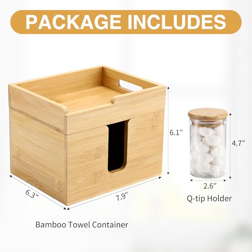 InnJoey Bamboo Disposable Face Towel Holder with 2 Glass Jars - Open-Top Skincare Organizer for Facial Cleansing Wipes & Beauty Essentials - Bathroom Countertop Vanity Organizer 12oz