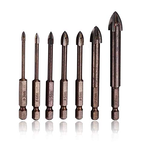 Masonry Drill Bit Set, 7 PCS Tungsten Carbide Tile Glass Drill Bits Set, 4 Cutting Edges Cross Spear Head 1/4â€ Hex Shank Drill Bits Set for Ceramic Tile Cutter, Marble Drilling Bits, Glass Drill Bits, 3mm, 4mm 5mm 6mm 8mm 10mm 12mm