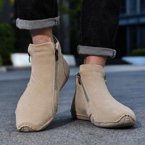 Image of Mens Mid-Top Leather Chukka Ankle Boots with Side Zipper Casual Comfortable Round Toe Non-Slip Flats Loafers for Walking Outdoor Hiking