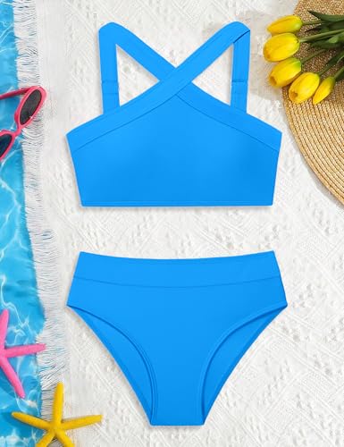 Image of Girls Swimsuits 2 Piece Bikinis Set Colorblock Bathing Suits Criss Cross Strap Girls' Swimwear