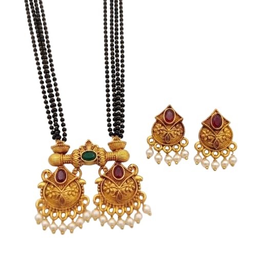 36-Inch Traditional Gold-Plated Three-Layer Black Bead Long Mangalsutra Set with Matching Earrings for Women (TUHIL 6)-image-4
