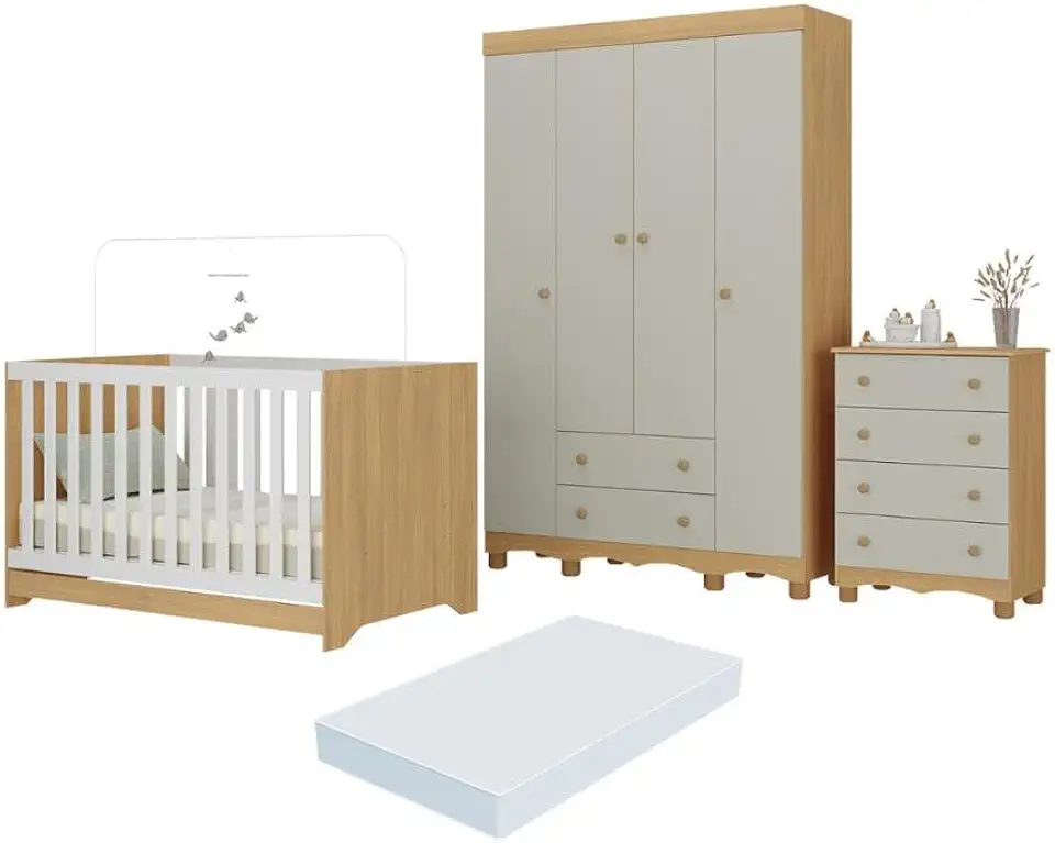 Quarto de Bebê Completo Berço Americano 3 em 1 Colchão Dengo Multimóveis Mp4604 Madeirado/off White