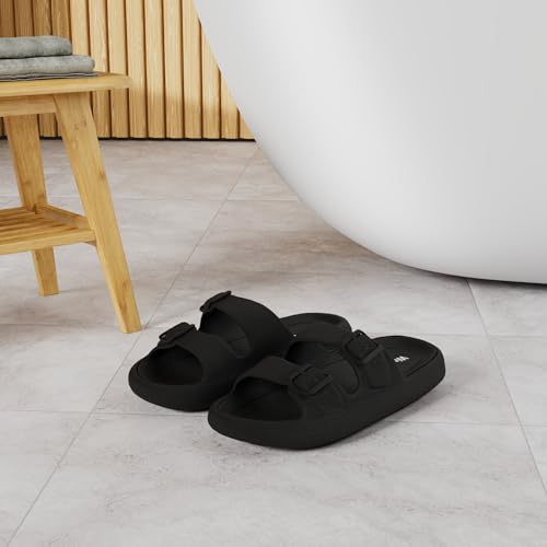 Weweya Slides for Men Women Pillow Slippers Double Buckle Adjustable EVA Flat Sandal Black Women Size 5.5 6 6.5