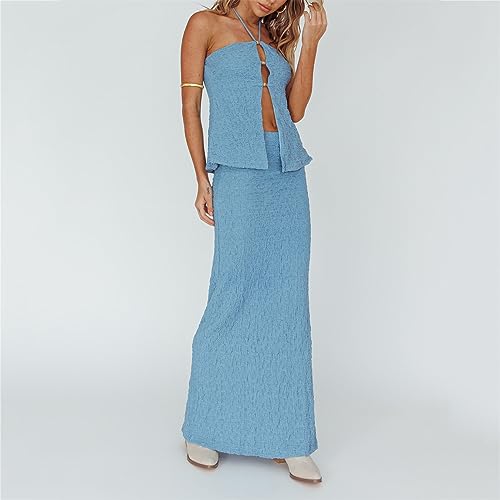 Women's Sexy Bodycon 2 Piece Outfits Y2k Backless Low Cut Crop Top High Waist Wrap Long Skirt Going Out Maxi Skirt Set2